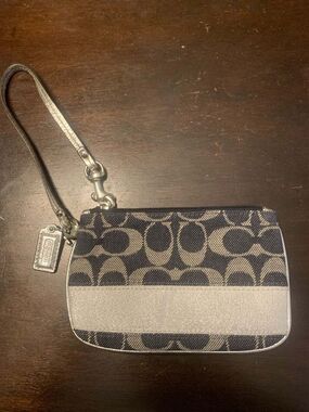 Coach Signature Monogram Denim and Silver Metallic Leather Wristlet